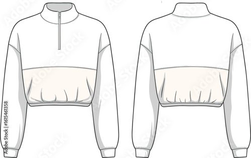 Color-block cropped half zip pullover sweatshirt with high collar and long sleeves, fashion flat front and back view