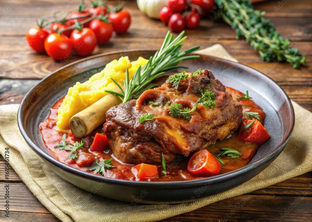 Braised veal shanks in rich tomato sauce served with saut?ed vegetables and crispy polenta garnished with fresh rosemary and thyme Braised veal shanks in rich tomato sauce served with saut?ed vegetables and crispy polenta garnished with fresh rosemary and thyme