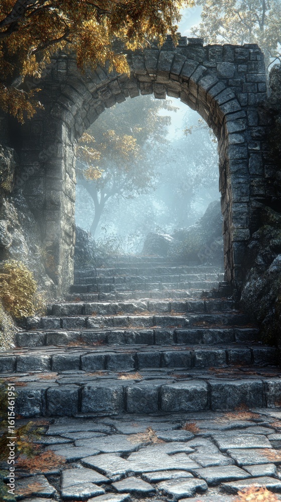 Fototapeta premium Stone Archway and Steps Leading Into Mystical Woods