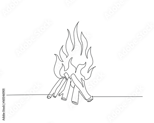Bonfire outline drawing illustration. one continuous line drawing of campfire.