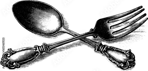 Vintage engraved spoon and fork set illustration for retro kitchen design