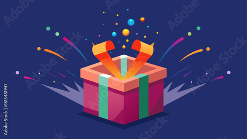 Illustration of an open gift box with confetti and ribbons on a dark blue background celebration
