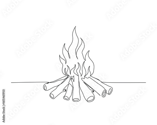 Bonfire outline drawing illustration. one continuous line drawing of campfire.