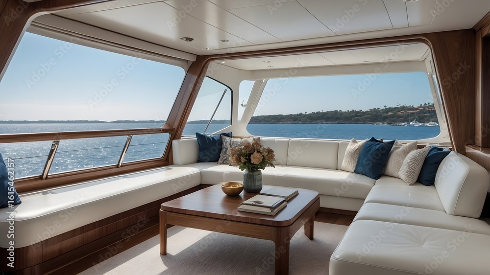 Naklejka premium Interior de yate de lujo con sofás blancos y vistas al mar