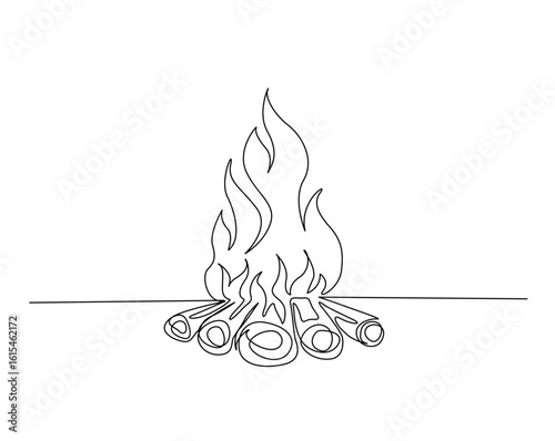 Bonfire outline drawing illustration. one continuous line drawing of campfire.