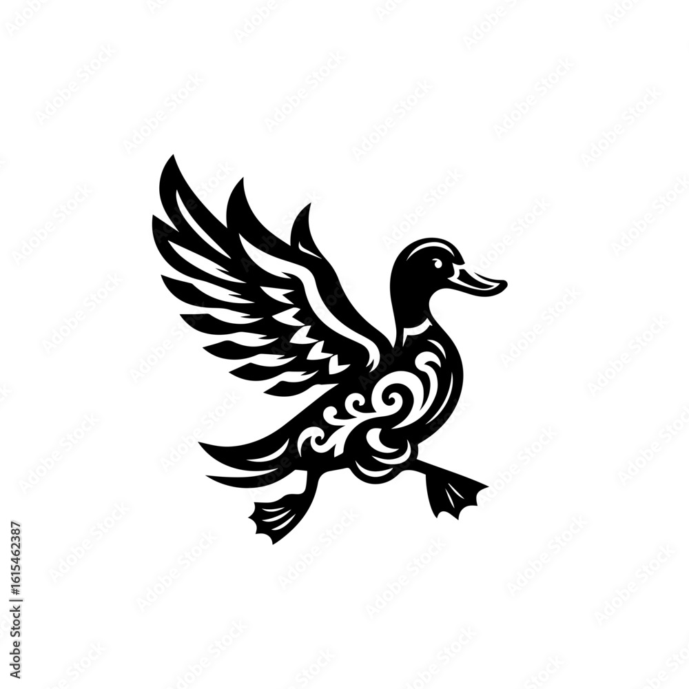 Obraz premium Tribal duck with ornate wings isolated on white background