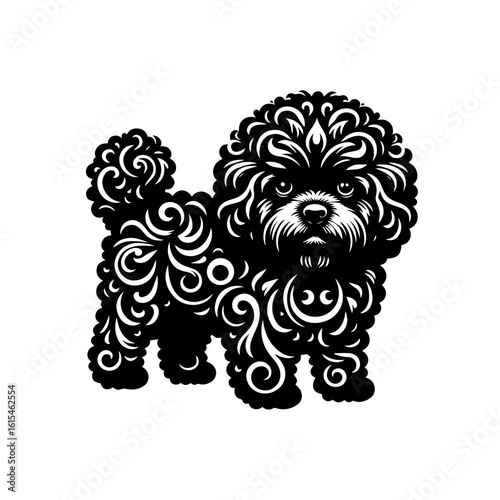A stylized poodle dog with ornate details
