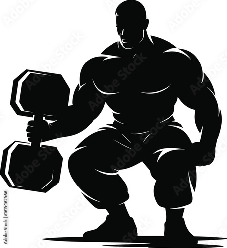 Strong cartoon fitness character squatting with dumbbell, ideal for gym branding, bodybuilding illustrations, workout posters, and lifestyle designs.