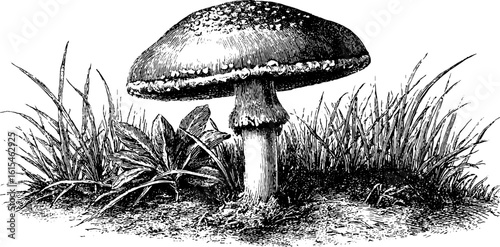 Detailed engraving of tiny toadstool growing in natural setting
