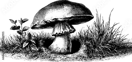 Engraved illustration of tiny toadstool growing in garden setting