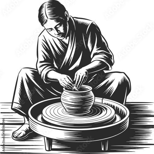 Skilled Male Potter Creating Clay Vessel on Spinning Wheel – Traditional Handcrafted Art in Vintage Style for Creative Lifestyle Use