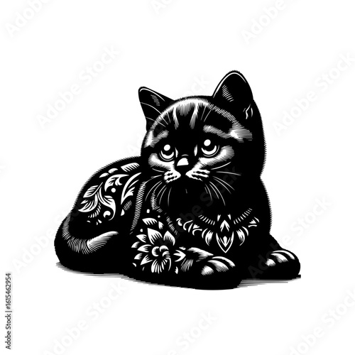 Intricate black cat illustration with floral details isolated on white