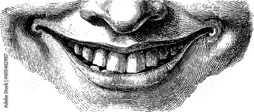 Vintage engraved illustration of a toothy grin silhouette for retro design