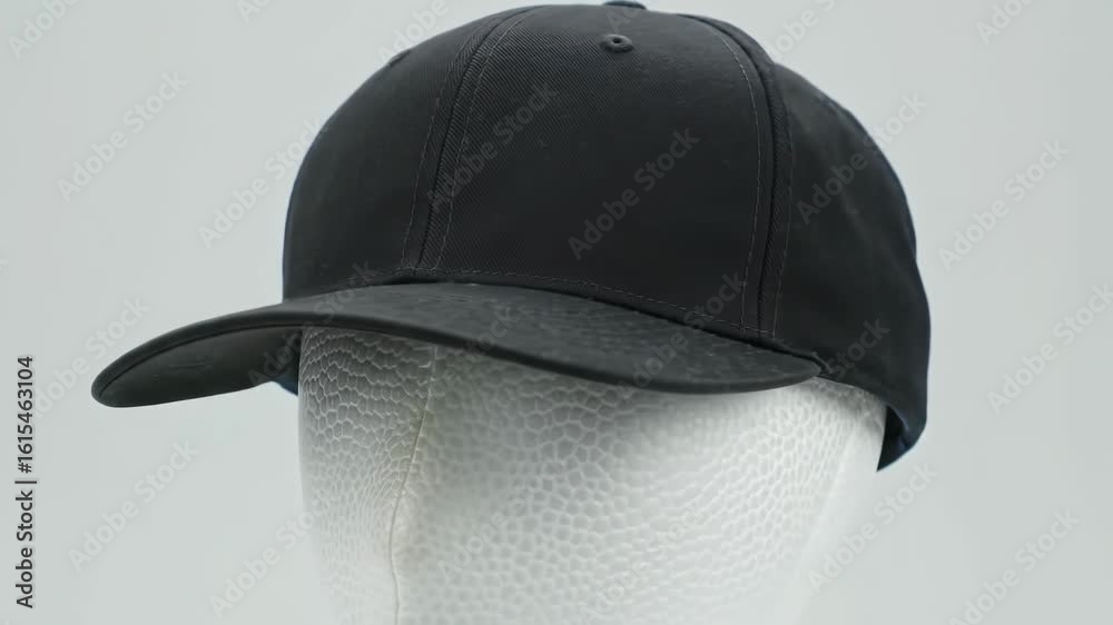 Black baseball cap on a textured white mannequin head, front view against a plain gray backdrop