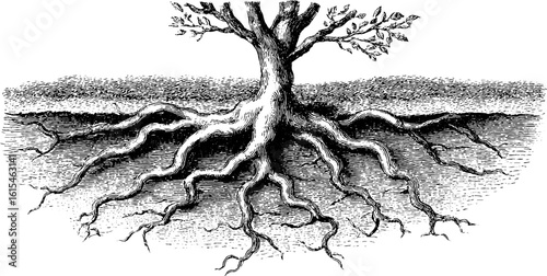 Vintage engraved illustration of tree with twisting roots for artistic design