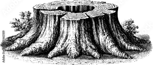 Vintage engraved illustration of tree stump with new growth for nature designs