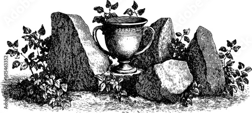 Vintage engraved illustration of urn on stone setting with foliage
