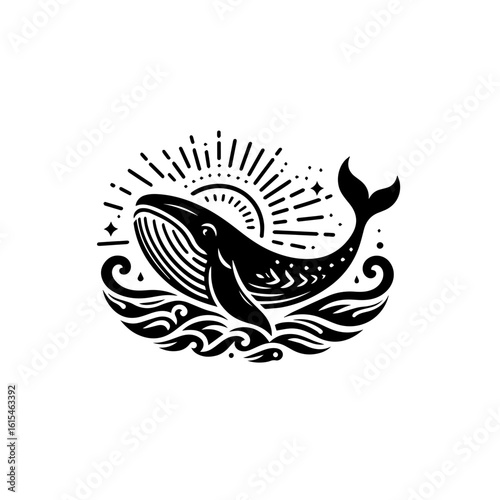 Whale breaching waves under a stylized sun isolated on white background