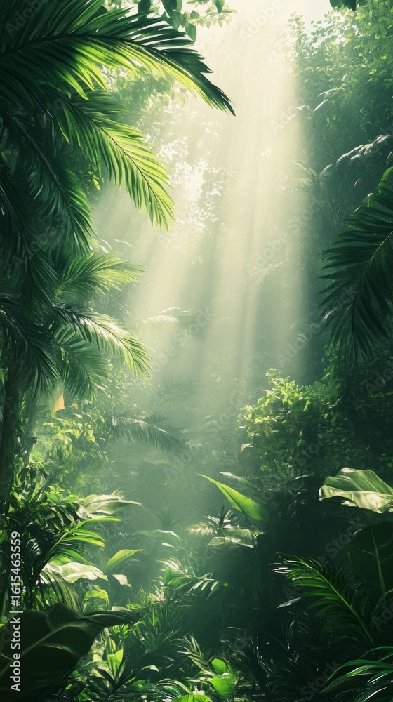 Naklejka premium Sunlight Streaming Through Lush Tropical Jungle Greenery