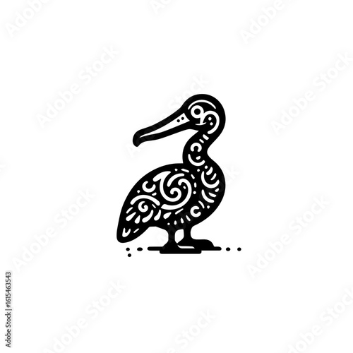 A stylized bird with a long beak and ornate patterns