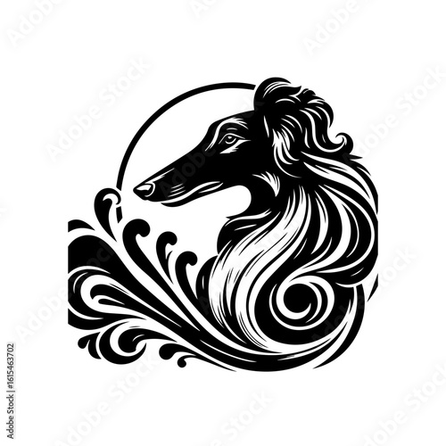 Elegant borzoi dog with flowing mane in a stylized design