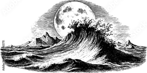 Cresting wave and moon scene. Vintage engraved illustration, hand drawn sketch with engraving detail.