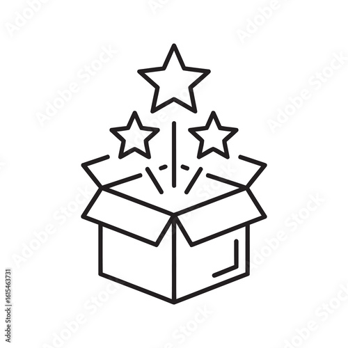Line icon of an open box with stars coming out representing a special offer surprise gift or a new product launch with excellent features vector stroke