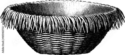 Vintage wicker basket with fringe engraved design for rustic decor and craft projects