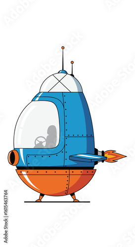 Retro futuristic egg shaped spaceship with glowing engines and a pilot inside ready for interstellar exploration adventure