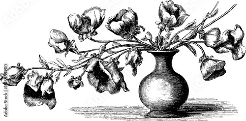 Engraved illustration of wilted flowers in narrow vase for retro decor and design