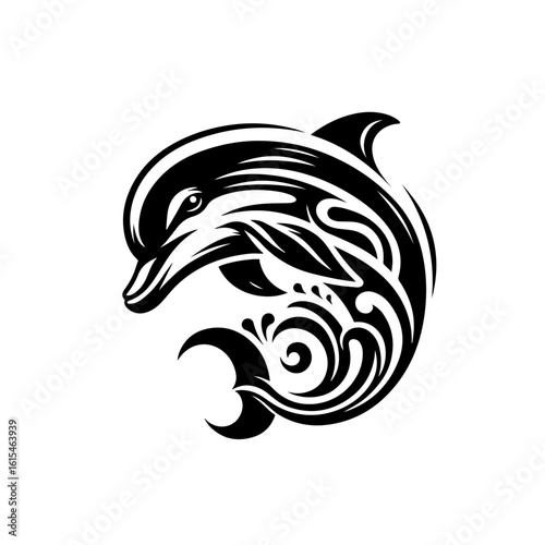 A stylized black dolphin leaping from a wave isolated on white