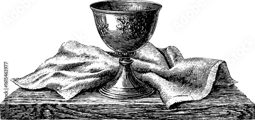 Vintage engraving of a wine glass on wooden table with cloth for artistic design