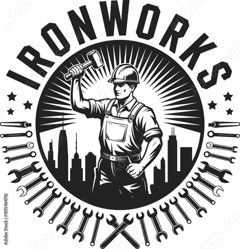 Vintage ironworks logo with construction worker, tools, and cityscape, ideal for industrial branding, mechanical services, action themes, and lifestyle designs.