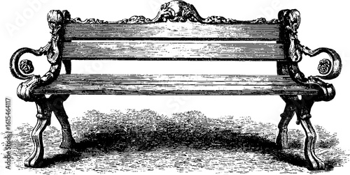 Vintage engraved illustration of wooden bench with ornate carving for retro design projects