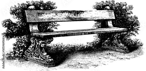Vintage engraved illustration of wooden bench with ornate carved details for retro design