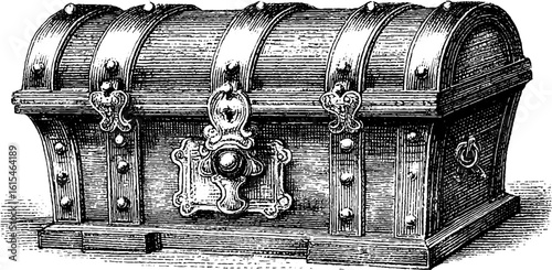 Vintage engraved illustration of wooden chest with iron bands - retro design for decoration