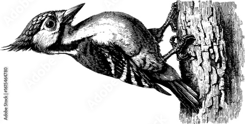 Engraved illustration of woodpecker in nature. Vintage hand drawn wildlife sketch with engraving.