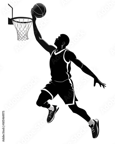 Dynamic silhouette of a basketball player soaring for a slam dunk against a dark background
