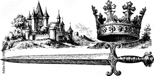 Vintage engraved illustration of castle, crown and sword for retro design projects
