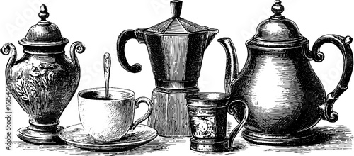 Vintage coffee set engraving with beans and classic pots for retro design