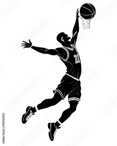 Dynamic monochrome sketch of a basketball player executing a powerful slam dunk