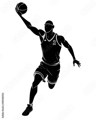 Dynamic silhouette of a basketball player in mid air during a slam dunk