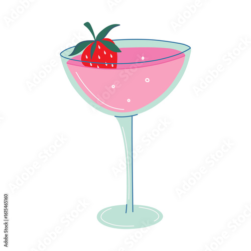 Sweet Daiquiri Cocktail with strawberry. Glass with refreshing beverage. Tasty Summer lemonade. Alcohol drink made from rum. Hand drawn flat design vector illustration.
