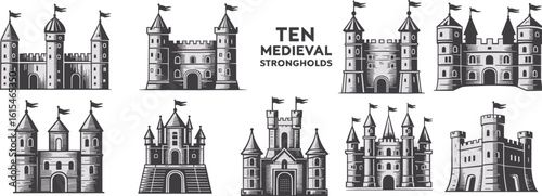 Vintage Medieval Castle Illustration Set Featuring Ten Strongholds for Fantasy Characters, Story Scenes, and Lifestyle Design Elements