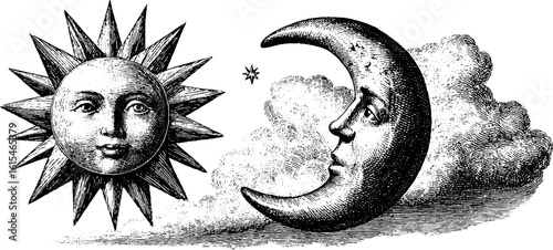 Vintage celestial illustration set featuring sun, moon, and stars in engraved style