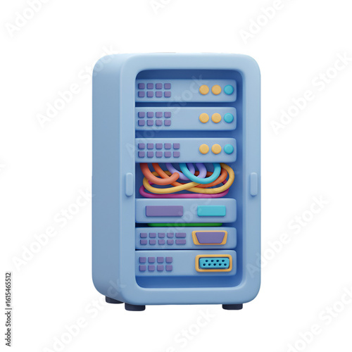 3D Illustration Of A Blue Server Rack With Colorful Wires Isolated on Transparent Background