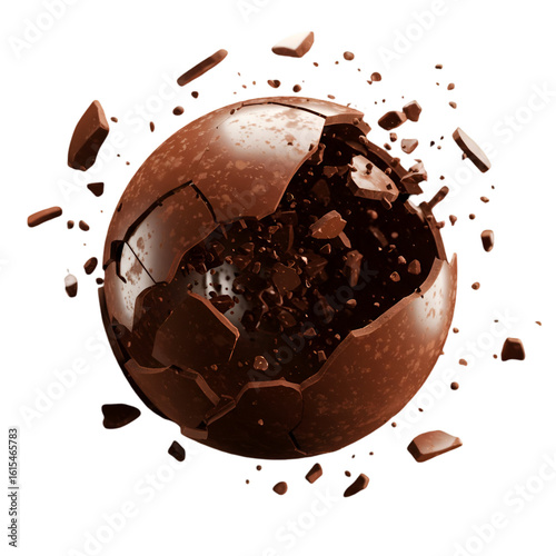 3D Illustration of a Chocolate Sphere Exploding on Isolated Black Background