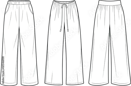 Women's casual wide leg pants flat sketch, elastic waistband with drawstring, pocket detail trousers fashion CAD vector illustration