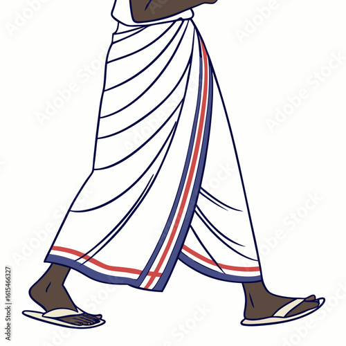 A person wearing a white dhoti with red and blue stripes walks in simple flip flops