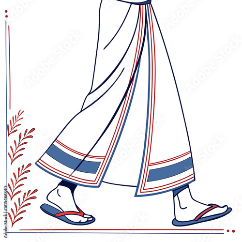 Stylized illustration of a person walking in traditional indian attire with decorative border